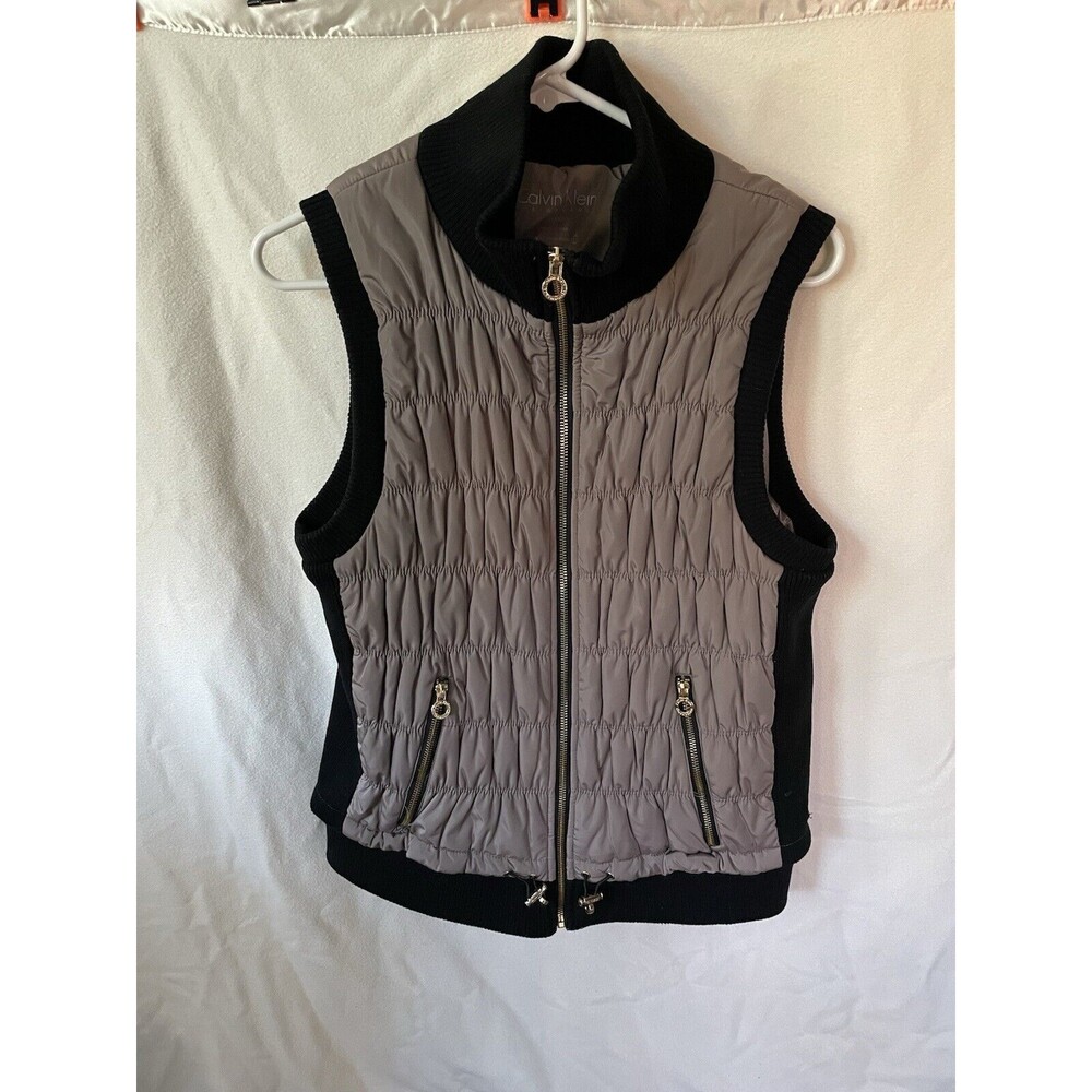 Calvin Klein Quilted /Puffer Vest/Jacket Womens XL Black & Tan Classy/Full Zip